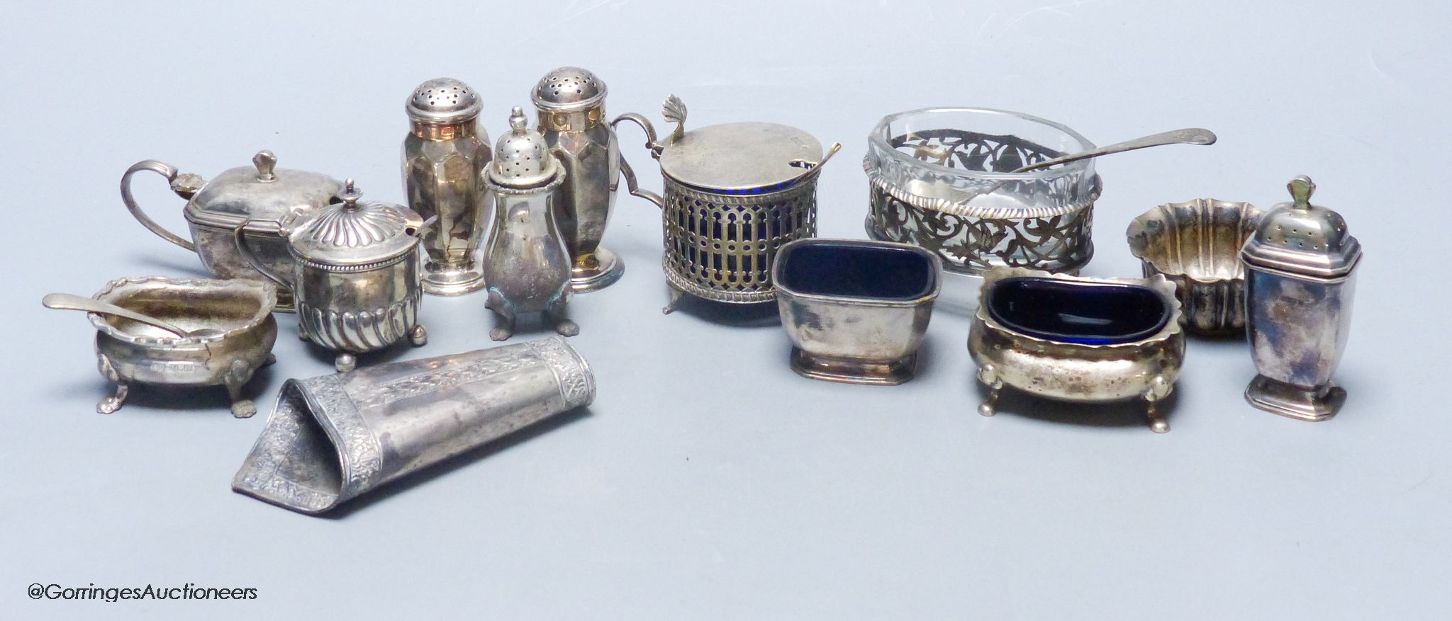A collection of silver condiments and other items, 17.3oz (hallmarked)